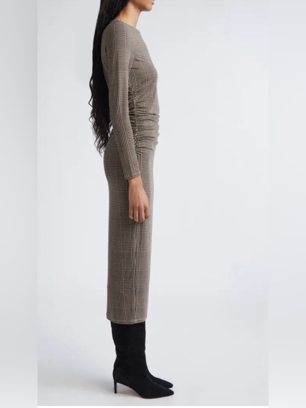 Veronica beard houndstooth Ruched Waist Long Sleeve Midi Dress. - Picture 2 of 11